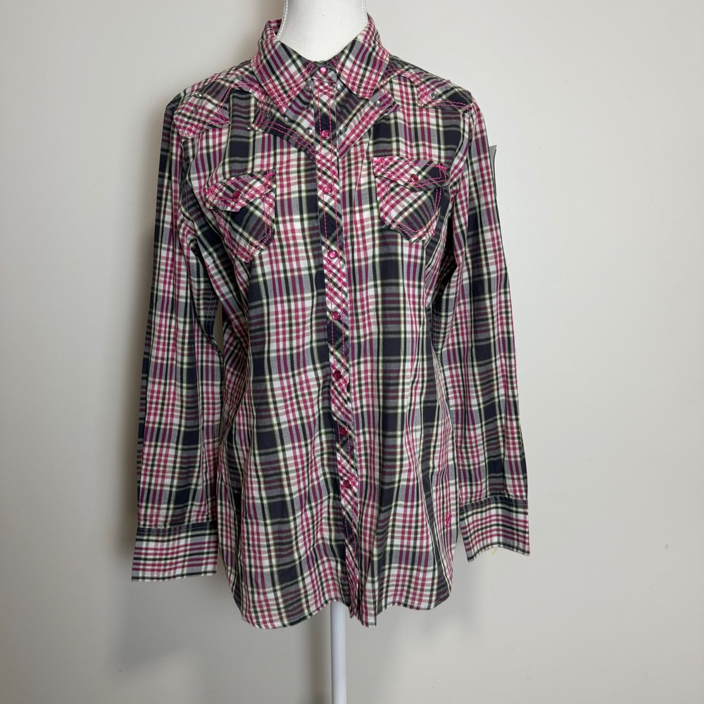 Ariat Plaid Rhinestone Western Snap Shirt Pink Womens Large Cowgirl